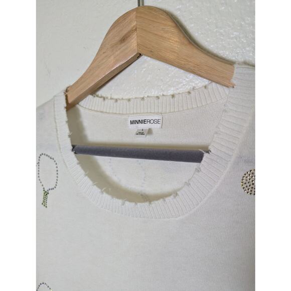 Minnie Rose Cashmere Blend Pickleball Frayed Edge White Sweater Shirt Women Sz L - Picture 3 of 10